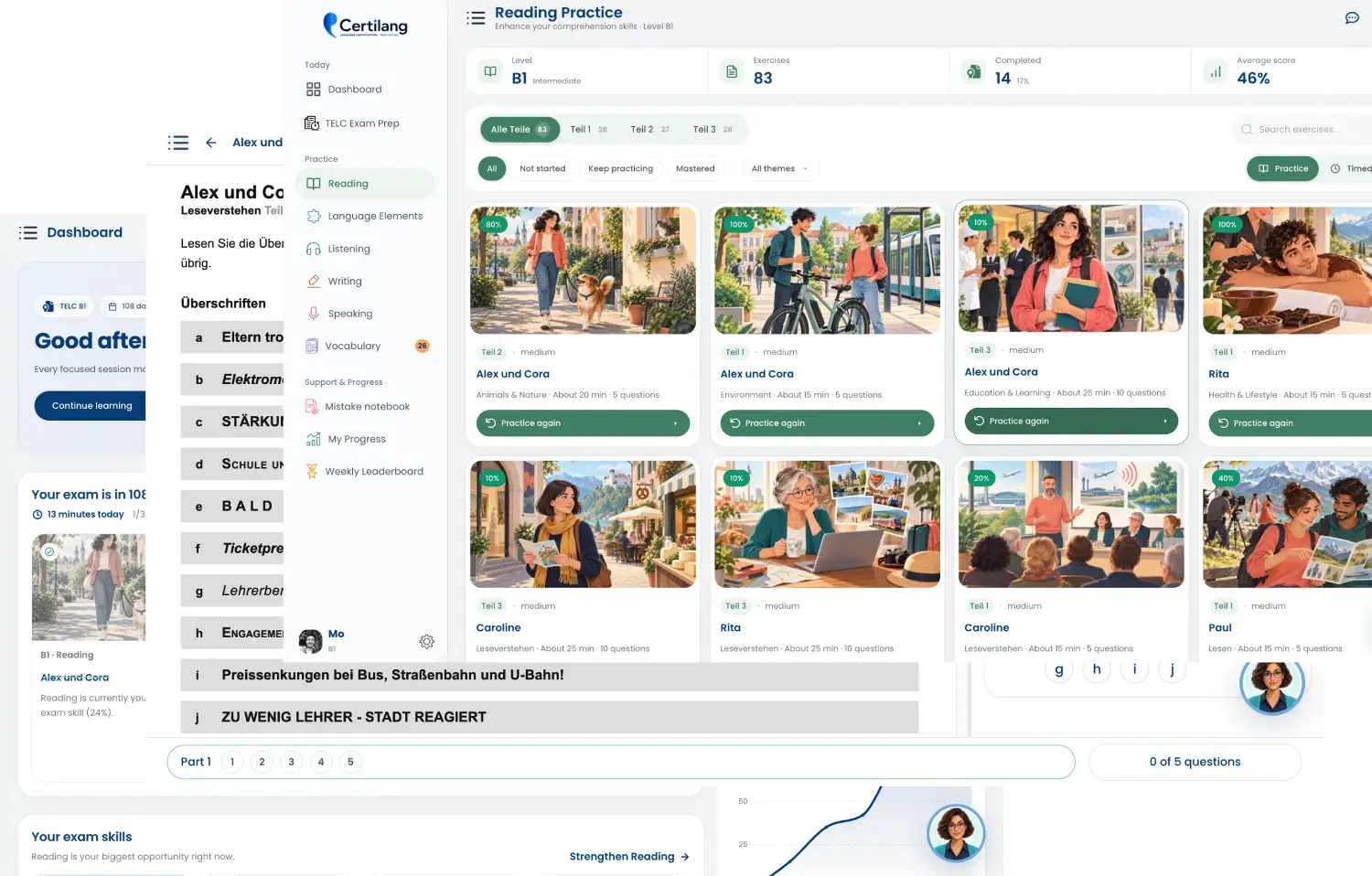 CertiLang app screens: B1 reading practice exercises, a TELC reading task and the exam dashboard