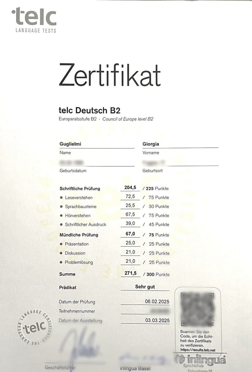 TELC B1 Certificate Example
