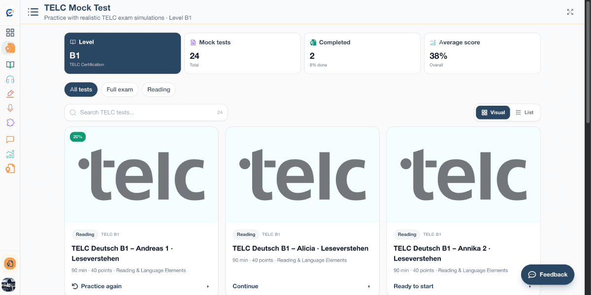 Liste d'examens blancs telc Deutsch B1 sur CertiLang, avec nombre de tests, progression et score moyen