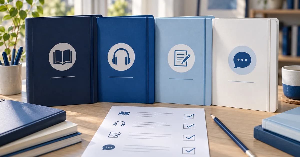 Four study folders representing reading, listening, writing and speaking — illustrative scene