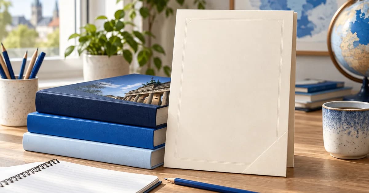 Blank certificate folder beside German study books — illustrative scene