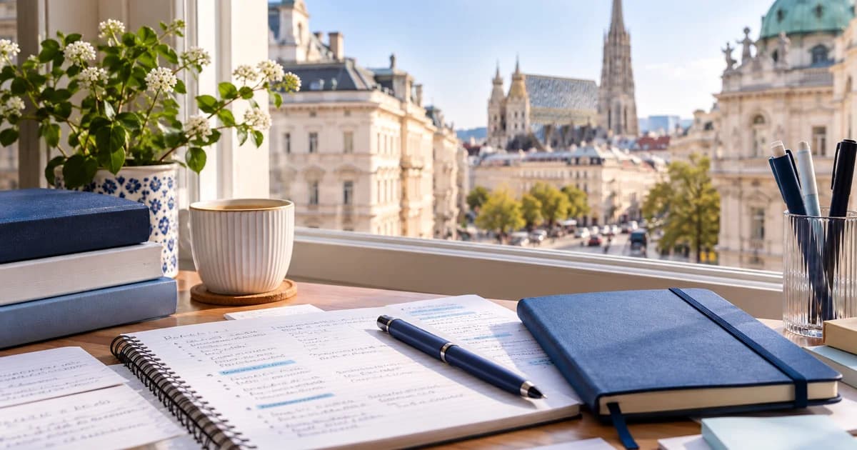 German study notes beside a window overlooking Vienna — illustrative scene