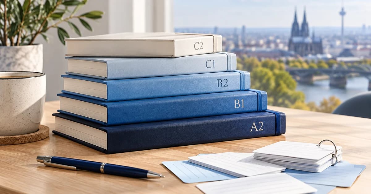 Six notebooks arranged from A1 to C2 beside study cards — illustrative scene