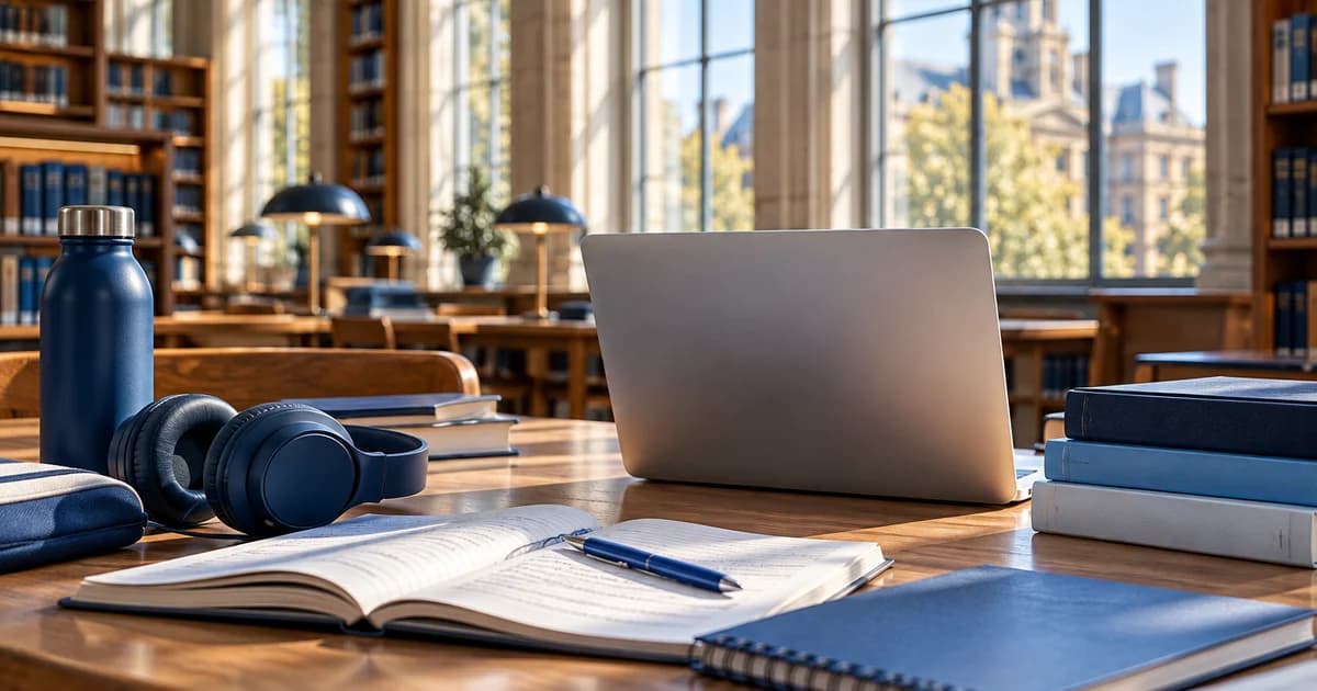 Laptop, academic notes and headphones on a university library desk — illustrative scene