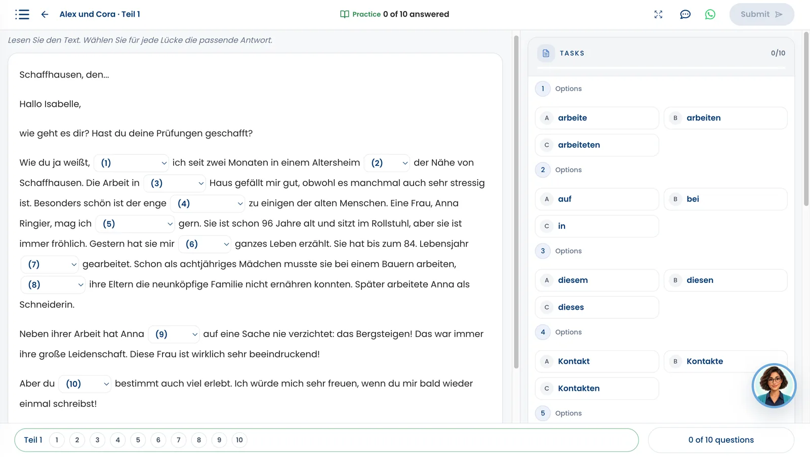 Language elements: Real screen from CertiLang, TELC B1.