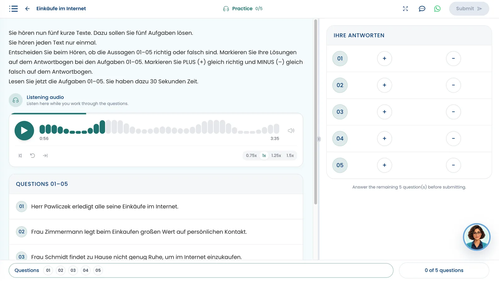 Listening: Real screen from CertiLang, TELC B1.