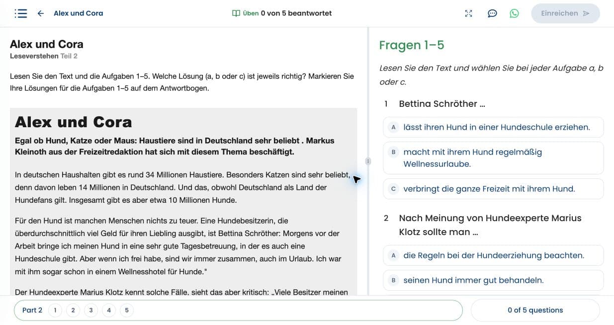 CertiLang reading practice interface