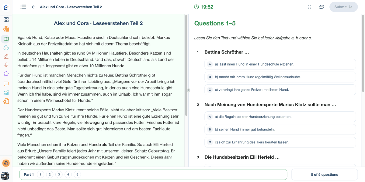 CertiLang reading practice interface