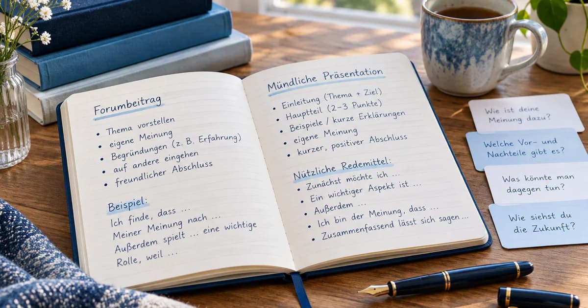 Notebook and speaking cue cards on a German study desk — illustrative scene
