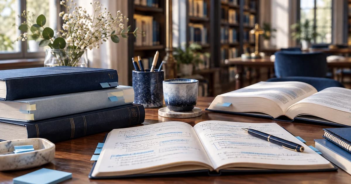 Annotated books and notes in a quiet library — illustrative scene