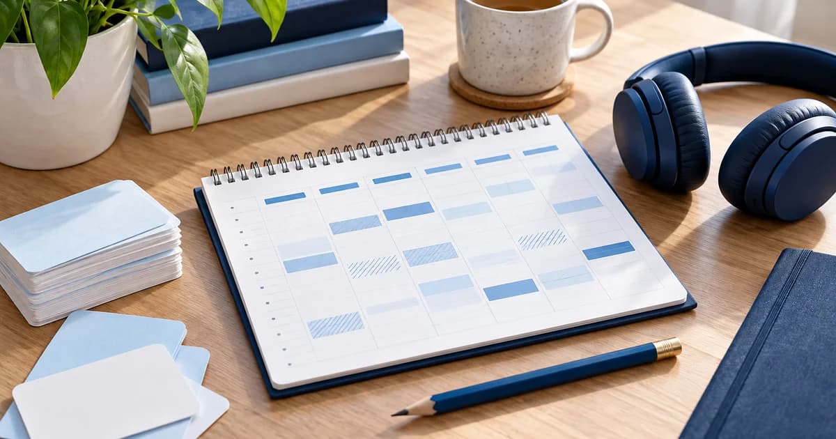Weekly study planner, headphones and vocabulary cards — illustrative scene