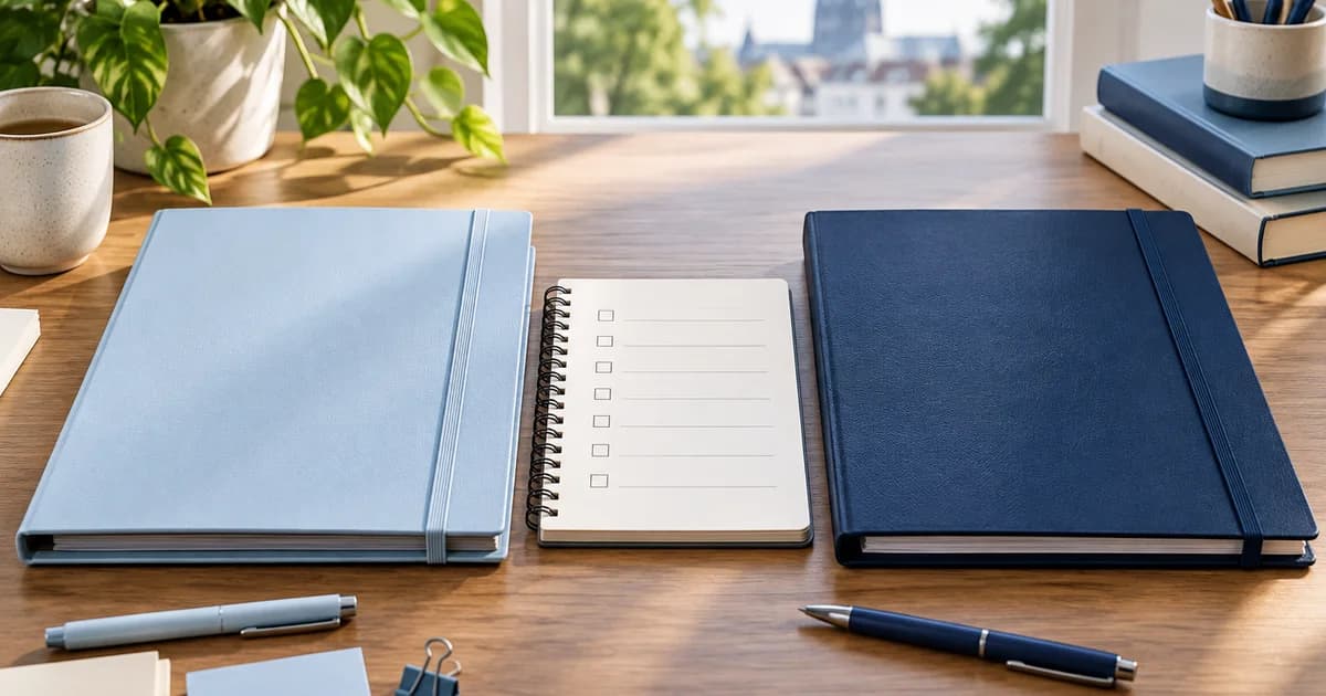 Two study folders and a checklist for comparing exam options — illustrative scene