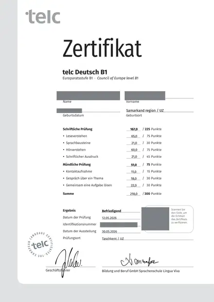 German B1 exam certificate with a Befriedigend result and personal details removed