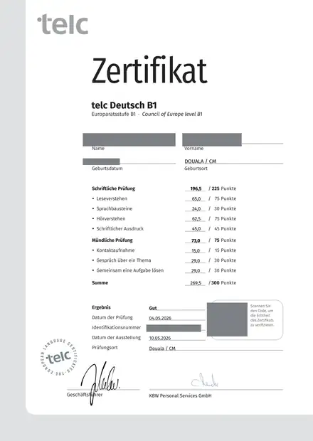 German B1 exam certificate with a Gut result and personal details removed