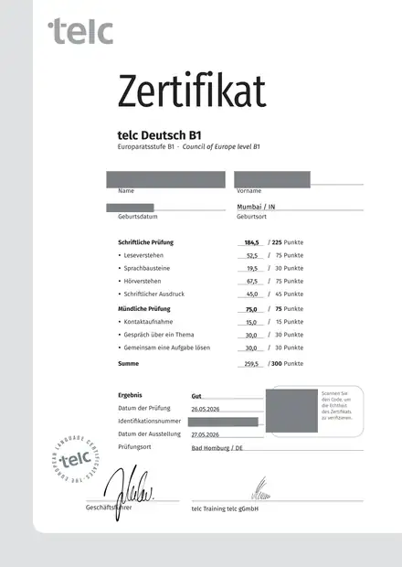 German B1 exam certificate with a Gut result and personal details removed