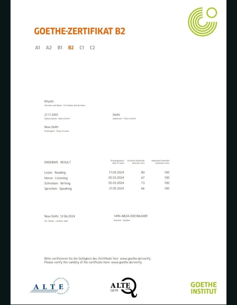 Goethe German language certificate