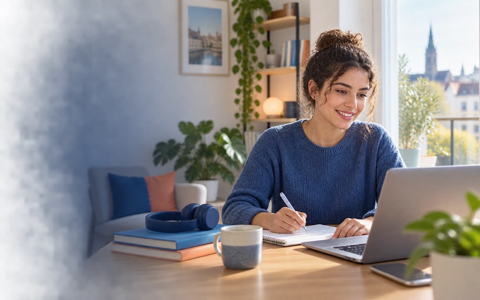 Learner preparing for a German exam at a desk